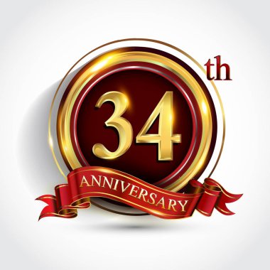 34 th yıl yıldönümü kutlama logo. Konfeti, altın yüzük ve vektör tasarımı tebrik veya davetiye kartı için koyu kırmızı arka plan üzerinde kırmızı kurdele ile logo.