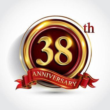 38 inci yıl yıldönümü kutlama logo. Konfeti, altın yüzük ve vektör tasarımı tebrik veya davetiye kartı için koyu kırmızı arka plan üzerinde kırmızı kurdele ile logo.