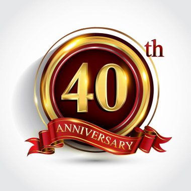 40 inci yıl yıldönümü kutlama logo. Konfeti, altın yüzük ve vektör tasarımı tebrik veya davetiye kartı için koyu kırmızı arka plan üzerinde kırmızı kurdele ile logo.