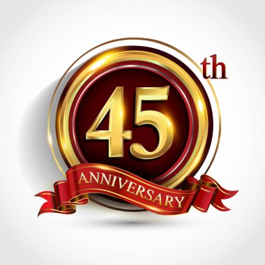 45 inci yıl yıldönümü kutlama logo. Konfeti, altın yüzük ve vektör tasarımı tebrik veya davetiye kartı için koyu kırmızı arka plan üzerinde kırmızı kurdele ile logo.