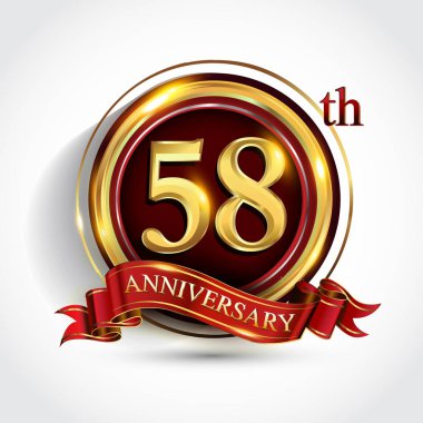 58 inci yıl yıldönümü kutlama logo. Konfeti, altın yüzük ve vektör tasarımı tebrik veya davetiye kartı için koyu kırmızı arka plan üzerinde kırmızı kurdele ile logo.