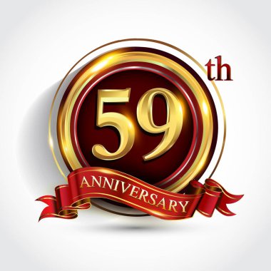 59 inci yıl yıldönümü kutlama logo. Konfeti, altın yüzük ve vektör tasarımı tebrik veya davetiye kartı için koyu kırmızı arka plan üzerinde kırmızı kurdele ile logo.
