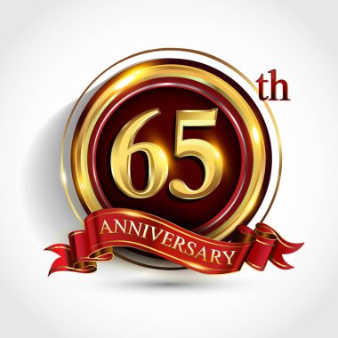 65 inci yıl yıldönümü kutlama logo. Konfeti, altın yüzük ve vektör tasarımı tebrik veya davetiye kartı için koyu kırmızı arka plan üzerinde kırmızı kurdele ile logo.