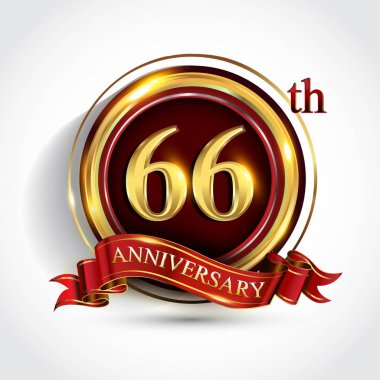 66 inci yıl yıldönümü kutlama logo. Konfeti, altın yüzük ve vektör tasarımı tebrik veya davetiye kartı için koyu kırmızı arka plan üzerinde kırmızı kurdele ile logo.