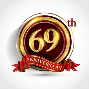 69 inci yıl yıldönümü kutlama logo. Konfeti, altın yüzük ve vektör tasarımı tebrik veya davetiye kartı için koyu kırmızı arka plan üzerinde kırmızı kurdele ile logo.