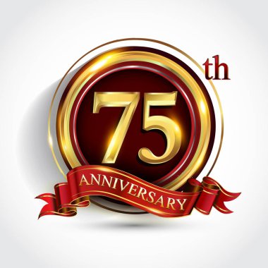  75th  years anniversary celebration logotype. Logo with confetti, golden ring and red ribbon on dark red background, vector design for greeting or invitation card. clipart