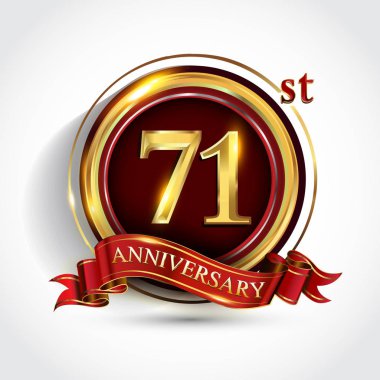 71 st yıl yıldönümü kutlama logo. Konfeti, altın yüzük ve vektör tasarımı tebrik veya davetiye kartı için koyu kırmızı arka plan üzerinde kırmızı kurdele ile logo.