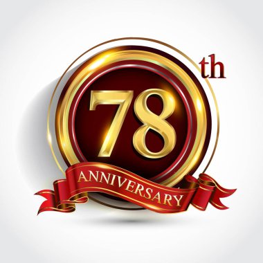 78 inci yıl yıldönümü kutlama logo. Konfeti, altın yüzük ve vektör tasarımı tebrik veya davetiye kartı için koyu kırmızı arka plan üzerinde kırmızı kurdele ile logo.