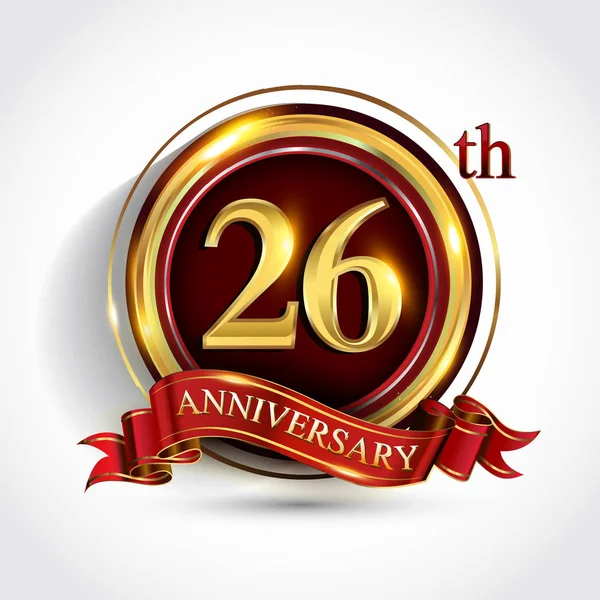 Logotype Célébration 26E Anniversaire Logo Avec Confettis Bague Dorée Ruban — Image vectorielle
