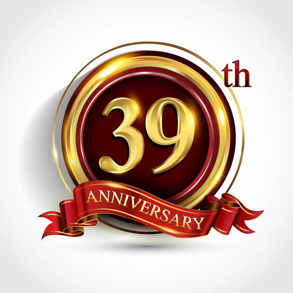 Anniversario Anniversario Celebrazione Logotipo Logo Con Coriandoli Anello Oro Nastro — Vettoriale Stock