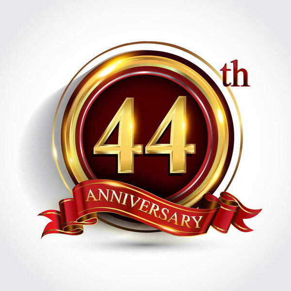 Логотип празднования 44-летия. Логотип с конфетти, золотым кольцом и красной лентой на темно-красном фоне, векторный дизайн для поздравления или приглашения
.
