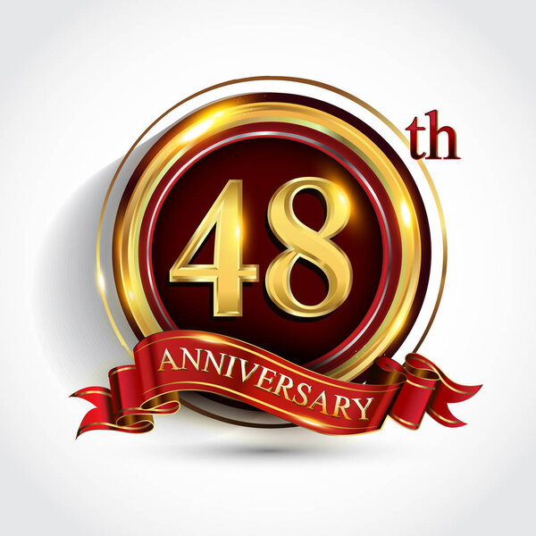 Логотип празднования 48-летия. Логотип с конфетти, золотым кольцом и красной лентой на темно-красном фоне, векторный дизайн для поздравления или приглашения
.