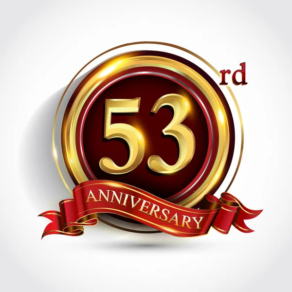 53Esimo Anniversario Celebrazione Logotipo Logo Con Coriandoli Anello Oro Nastro — Vettoriale Stock