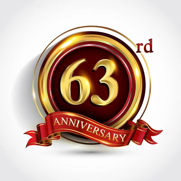 63Rd Years Anniversary Celebration Logotype Logo Confetti Golden Ring Red — Stock Vector