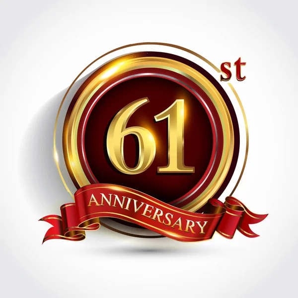 Years Anniversary Celebration Logotype Logo Confetti Golden Ring Red Ribbon — Stock Vector