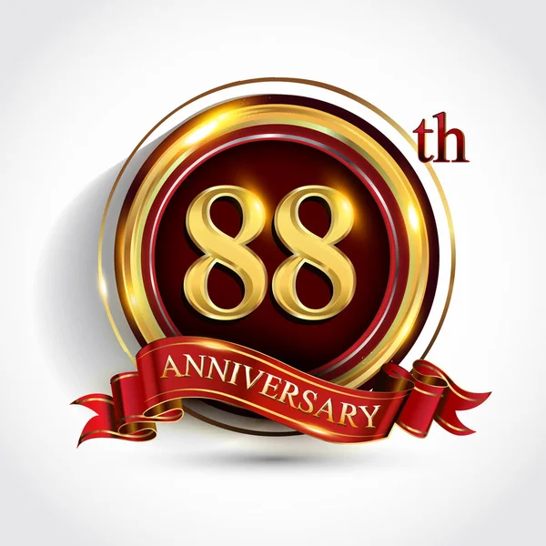 Logotipo Celebración Del Aniversario Logotipo Con Confeti Anillo Dorado Cinta — Vector de stock
