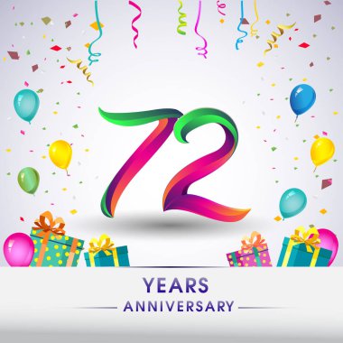 72 yıldönümü kutlama tasarım, hediye kutusu, balonlar ve konfeti, renkli vektör şablon öğeleri için senin, sekiz yıl Doğum günü kutlama partisi.
