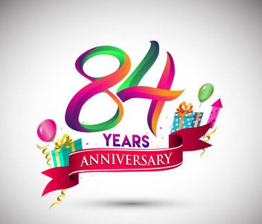 84 yıldönümü kutlama tasarımı için hediye kutusu ve balonlar, kırmızı kurdele, renkli vektör şablon öğeleri ile senin, doksan yedi yıl Doğum günü kutlama partisi.