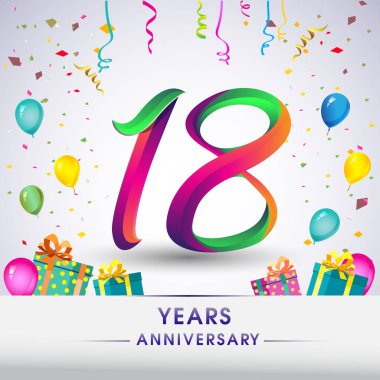 18 yıldönümü kutlama tasarım, hediye kutusu, balonlar ve konfeti, renkli vektör şablon öğeleri için senin, sekiz yıl Doğum günü kutlama partisi.