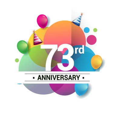 73 yıl yıldönümü logo, vektör tasarım Doğum günü kutlaması ile renkli geometrik, daireler ve beyaz arka plan üzerinde izole balonlar.