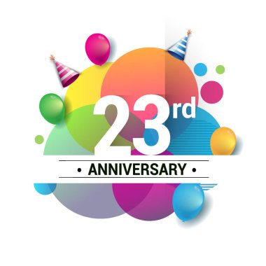 23 yıl yıldönümü logo, vektör tasarım Doğum günü kutlaması ile renkli geometrik, daireler ve beyaz arka plan üzerinde izole balonlar.