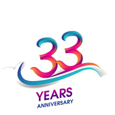33 yıldönümü kutlama logo mavi ve kırmızı renkli. Doğum günü logosu beyaz arka plan üzerinde.