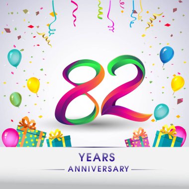82 yıldönümü kutlama tasarım, hediye kutuları, balonlar ve konfeti, renkli vektör şablon öğeleri için senin, seksen iki yıl Doğum günü kutlama partisi.