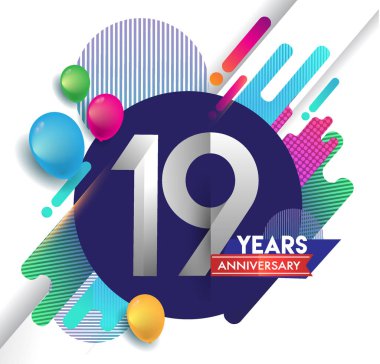 19 yıl yıldönümü logosu ile renkli arka plan, tasarım şablonu öğeleri için davetiye ve afiş, Doğum günü kutlaması vektör.