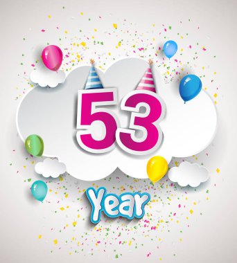 53 yıldönümü kutlama tasarım, bulutlar ve balon, konfeti ile. Vektör şablon öğeleri için senin, altmış sekiz yıl Doğum günü kutlama partisi.