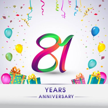 81 yıldönümü kutlama tasarım, hediye kutuları, balonlar ve konfeti, renkli vektör şablon öğeleri için senin, seksen iki yıl Doğum günü kutlama partisi.