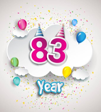 83 yıldönümü kutlama tasarım, bulutlar ve balon, konfeti ile. Vektör şablon öğeleri için senin, altmış sekiz yıl Doğum günü kutlama partisi.