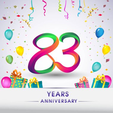 83 yıldönümü kutlama tasarım, hediye kutuları, balonlar ve konfeti, renkli vektör şablon öğeleri için senin, seksen iki yıl Doğum günü kutlama partisi.