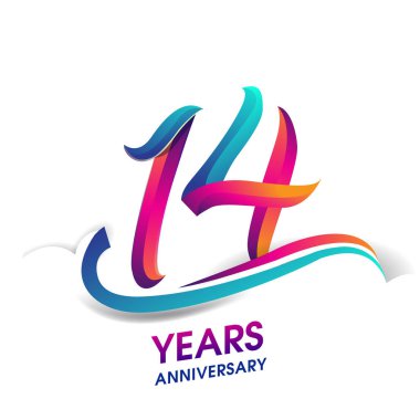 14 yıldönümü kutlama logo mavi ve kırmızı renkli. Doğum günü logosu beyaz arka plan üzerinde.