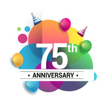 75 yıl yıldönümü logo, vektör tasarım Doğum günü kutlaması ile renkli geometrik, daireler ve beyaz arka plan üzerinde izole balonlar.