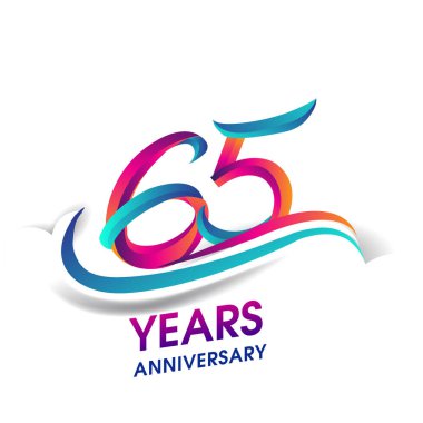 65 yıldönümü kutlama logo mavi ve kırmızı renkli. Doğum günü logosu beyaz arka plan üzerinde.
