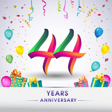 44 yıldönümü kutlama tasarım, hediye kutusu, balonlar ve konfeti, renkli vektör şablon öğeleri için senin, sekiz yıl Doğum günü kutlama partisi.