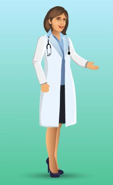 Genç Doktor, ayakta duran kadın doktor figürü, tıbbi klinik hastane personeli, vektör çizimi.