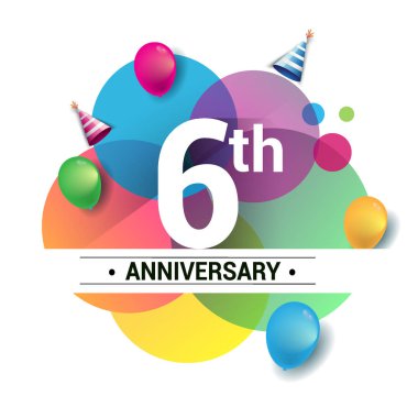  6 yıl yıldönümü logo, vektör tasarım Doğum günü kutlaması ile renkli geometrik, daireler ve beyaz arka plan üzerinde izole balonlar.