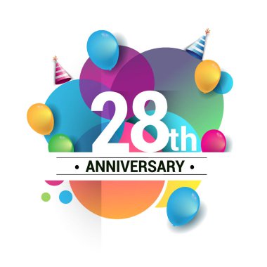 28 yıl yıldönümü logo, vektör tasarım Doğum günü kutlaması ile renkli geometrik, daireler ve beyaz arka plan üzerinde izole balonlar.