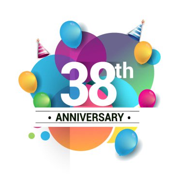 38 yıl yıldönümü logo, vektör tasarım Doğum günü kutlaması ile renkli geometrik, daireler ve beyaz arka plan üzerinde izole balonlar.