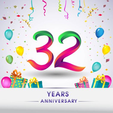 32 yıldönümü kutlama tasarım, hediye kutusu, balonlar ve konfeti, renkli vektör şablon öğeleri için senin, sekiz yıl Doğum günü kutlama partisi.