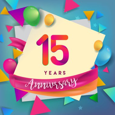 15 yıl yıldönümü kutlama tasarım, balonlar ve şerit, renkli tasarım öğeleri için afiş, davetiye, tebrik kartı, altmış üç Doğum günü kutlama partisi.