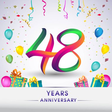 48 yıldönümü kutlama tasarım, hediye kutusu, balonlar ve konfeti, renkli vektör şablon öğeleri için senin, sekiz yıl Doğum günü kutlama partisi.