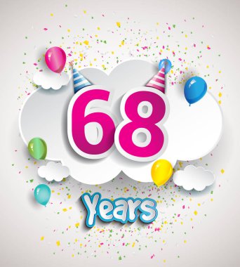 68 yıldönümü kutlama tasarım, bulutlar ve balon, konfeti ile. Vektör şablon öğeleri için senin, altmış sekiz yıl Doğum günü kutlama partisi.