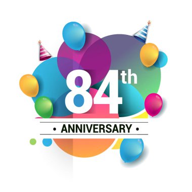84 yıl yıldönümü logo, vektör tasarım Doğum günü kutlaması ile renkli geometrik, daireler ve beyaz arka plan üzerinde izole balonlar.