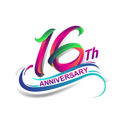 16 yıl yıldönümü kutlama logo mavi ve kırmızı renkli. Doğum günü logosu beyaz arka plan üzerinde