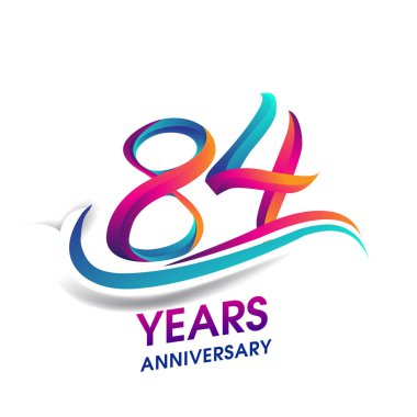 84 yıldönümü kutlama logo mavi ve kırmızı renkli. Doğum günü logosu beyaz arka plan üzerinde.