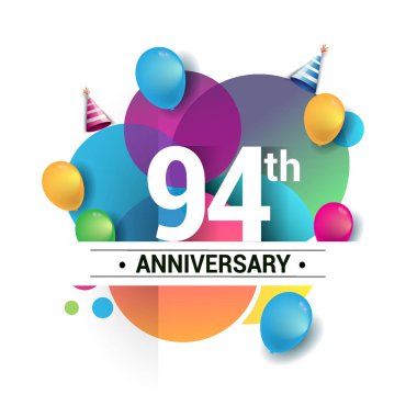 94 yıl yıldönümü logo, vektör tasarım Doğum günü kutlaması ile renkli geometrik, daireler ve beyaz arka plan üzerinde izole balonlar.