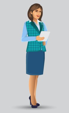 Öğretmen veya öğretim poz sunuda, kadın öğretmen karikatür figürü sundu, dersler, eğitim, sınıf vektör çizim