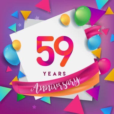 59 yaş yıldönümü kutlama tasarım, balonlar ve şerit, renkli tasarım öğeleri için afiş, davetiye, tebrik kartı, altmış üç Doğum günü kutlama partisi.